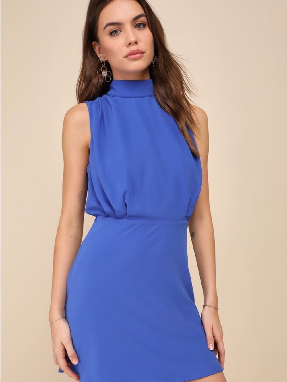 Lulus Classic Elegance Blue Chiffon Sleeveless Mock Neck Mini Dress Size Medium
